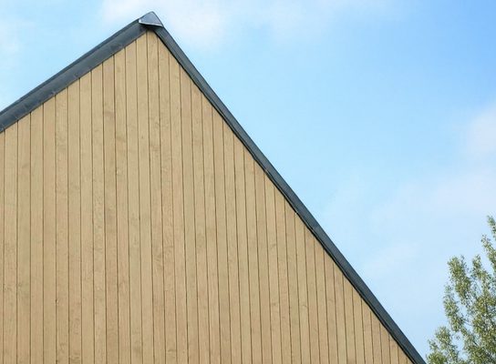Triangular rooftop of a tan wooden wall with vertical planks, dark edge trim, blue sky, and a leafy tree on the right.