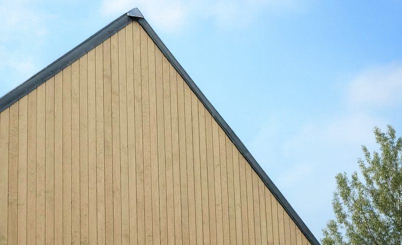 Beige vertical wooden wall with a steep, peaked roof and dark trim, blue sky behind, and a leafy tree visible on the right.