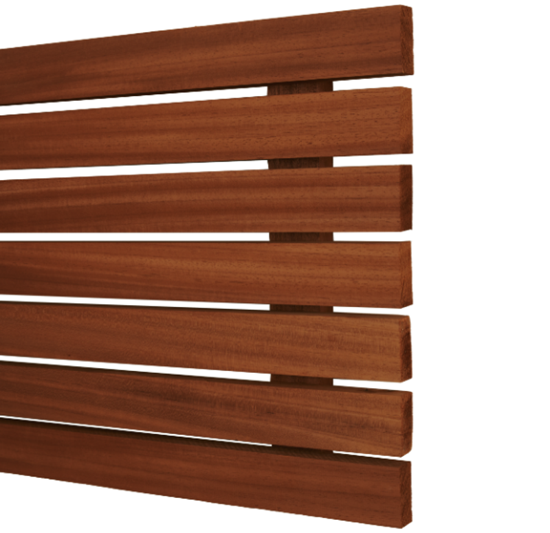Close-up of brown wooden slats arranged horizontally with small gaps, set against a white background.