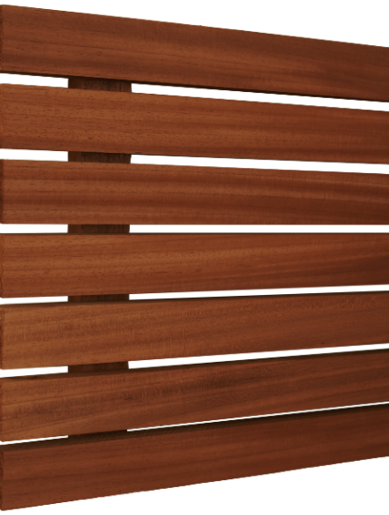 Close-up of brown wooden slats arranged horizontally with small gaps, set against a white background.