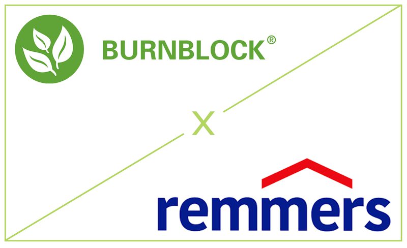 Logo graphic showing a partnership between Burnblock and Remmers, featuring their respective logos separated by an "X."