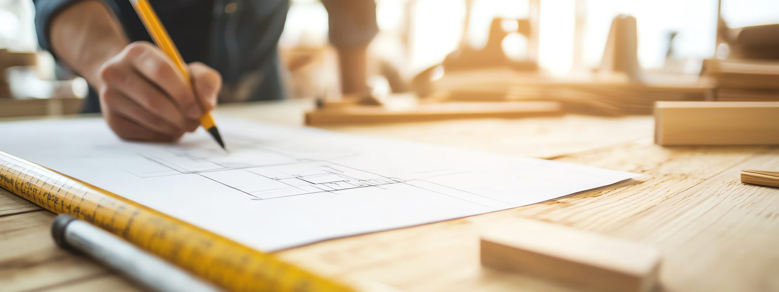 Person sketching an architectural plan on a blueprint at a sunlit wooden desk, with a ruler and wooden blocks nearby.