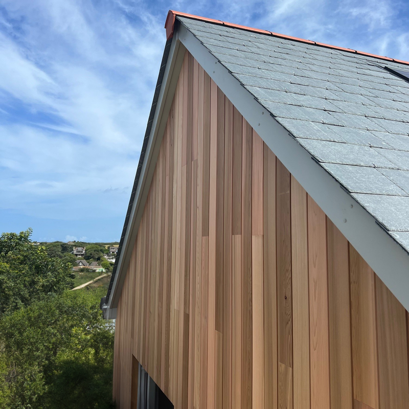 Vertical wooden siding on a house with a steep gray shingle roof, white trim, and a red ridge cap, set against blue skies and distant trees.