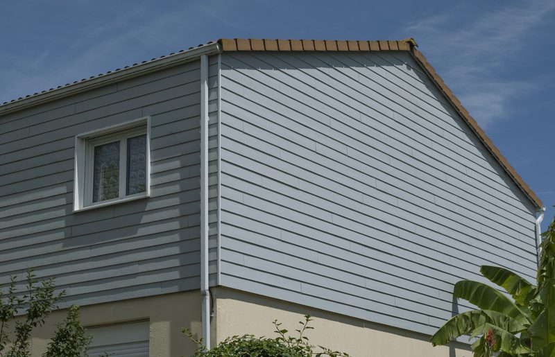 Side of a light blue house with siding and a gabled roof, a small white-framed window, beige base, tropical plants, and a clear blue sky.