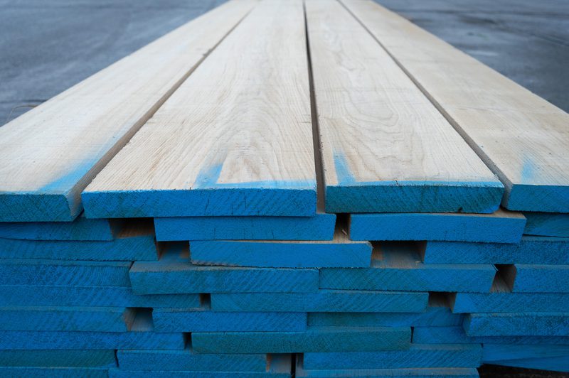 Stack of long, light wood planks with blue-painted ends, neatly piled on a gray surface, grain visible along the boards.