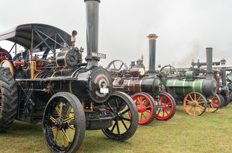 Line of vintage steam engines on a grassy field; a black engine with yellow wheels leads, followed by maroon and green engines with red wheels.