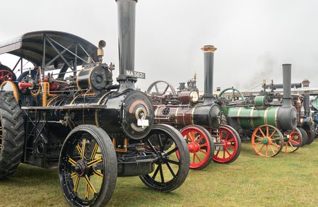 Line of vintage steam engines on a grassy field; a black engine with yellow wheels leads, followed by maroon and green engines with red wheels.