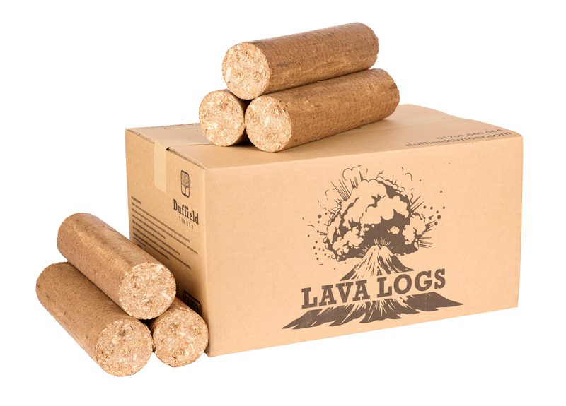 Cardboard box labeled Lava Logs with a volcano illustration, with a few cylindrical wood fuel logs stacked on top and beside it.