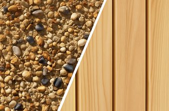 Diagonal white seam divides a gravel ground on the left from a light wooden deck on the right.