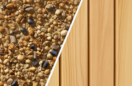 Diagonal white seam divides a gravel ground on the left from a light wooden deck on the right.