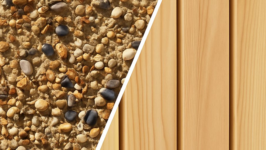 Diagonal white seam divides a gravel ground on the left from a light wooden deck on the right.