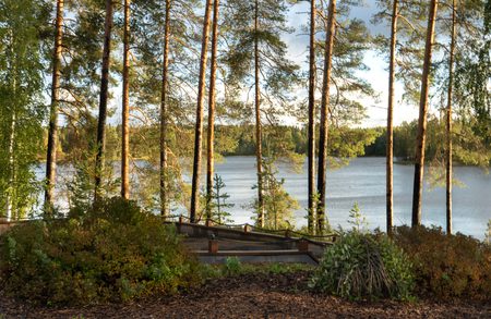 A tranquil lakeside view framed by tall pine trees; wooden steps and railing in the foreground lead to a calm blue lake with a forested shore.