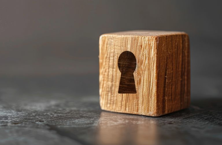 A wooden cube with a circular keyhole carved in its side rests on a dark, textured surface with a soft, blurred background.