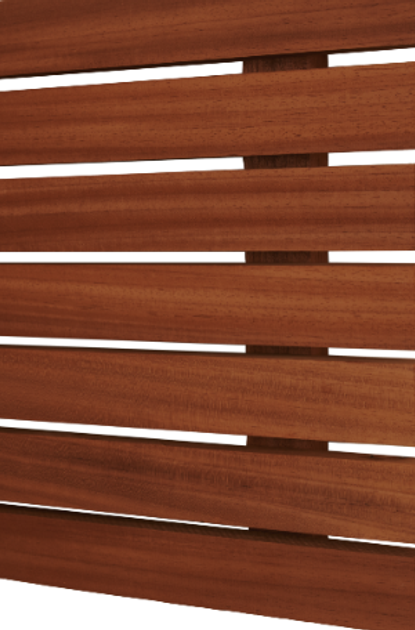 Close-up of brown wooden horizontal slats forming a wooden blind with evenly spaced gaps against a white background.