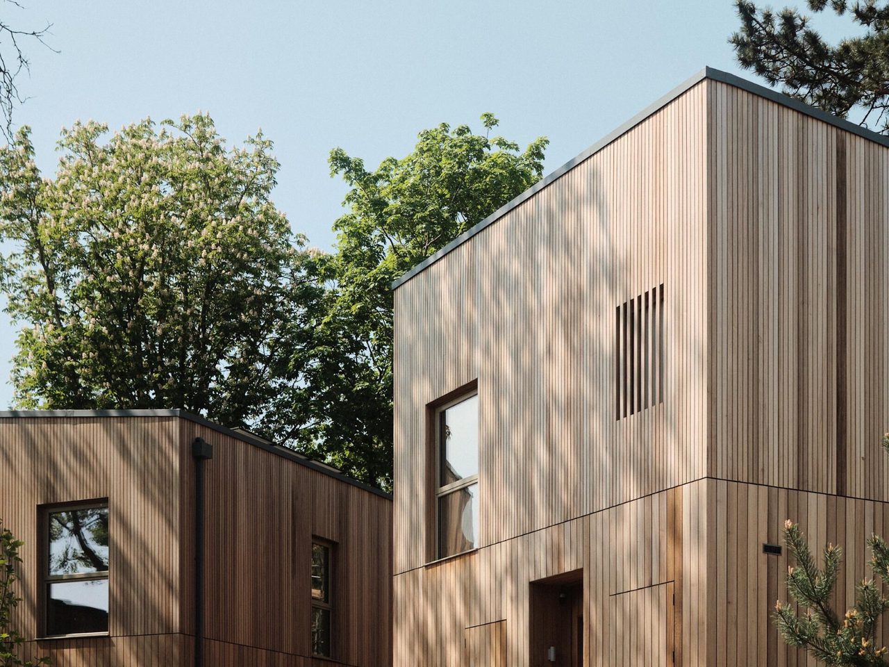 Two modern wooden houses with vertical timber siding and large windows stand among trees, connected by a wooden deck, under a clear blue sky.