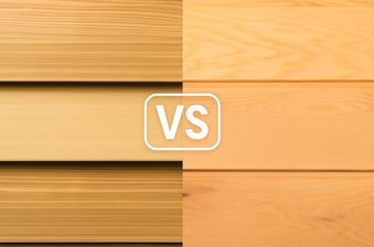 Split image of two wood textures: dark, striped panels on the left and light, smooth panels on the right, with a white rounded "VS" emblem centered.