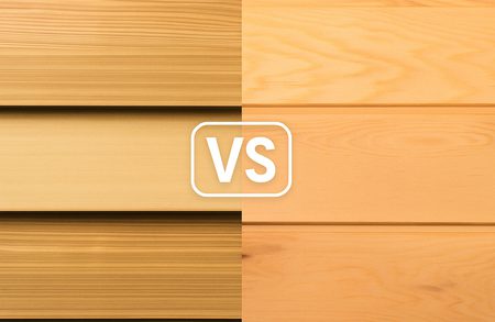 Split image of two wood textures: dark, striped panels on the left and light, smooth panels on the right, with a white rounded "VS" emblem centered.