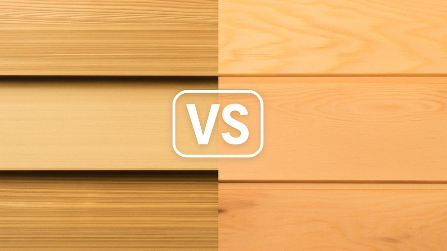 Split image of two wood textures: dark, striped panels on the left and light, smooth panels on the right, with a white rounded "VS" emblem centered.