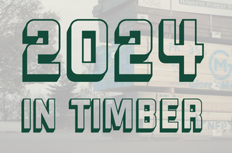 Bold green outlined "2024" above "IN TIMBER" against a muted photo of stacked lumber at a timber yard.
