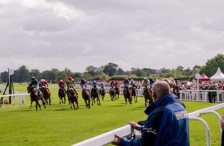 Jockeys race horses on a green turf track, crowd behind white rails, under a cloudy sky; a spectator in a blue jacket watches from the foreground.
