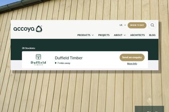 Overlay of the Accoya website on a wooden wall, showing a Duffield Timber listing with a 'Send an enquiry' button, and a logo in the bottom-right.