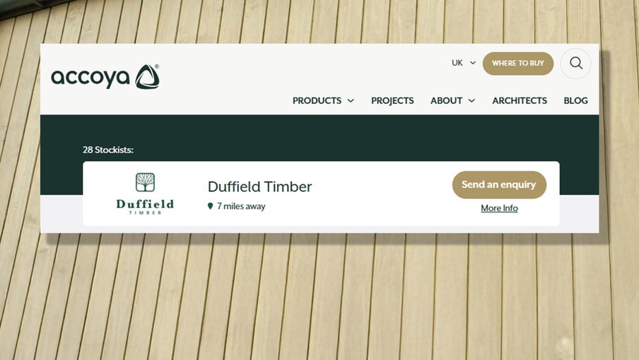 Overlay of the Accoya website on a wooden wall, showing a Duffield Timber listing with a 'Send an enquiry' button, and a logo in the bottom-right.