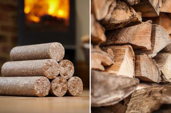 Two-panel image: left shows stacked logs on a floor with a warm fireplace glow; right close-up of rough, split firewood stacked.