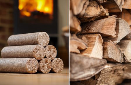 Two-panel image: left shows stacked logs on a floor with a warm fireplace glow; right close-up of rough, split firewood stacked.