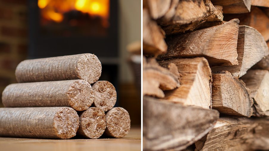 Two-panel image: left shows stacked logs on a floor with a warm fireplace glow; right close-up of rough, split firewood stacked.