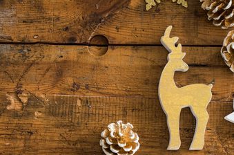 Gold reindeer silhouette ornament on a rustic wooden table, with frosted pinecones and a white star cutout nearby.