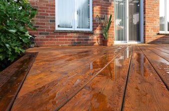 Wet wooden deck outside a brick house with a glass door and window; a potted plant near the door and leafy shrubs along the left.