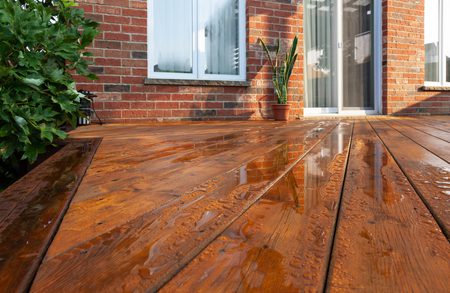 Wet wooden deck outside a brick house with a glass door and window; a potted plant near the door and leafy shrubs along the left.