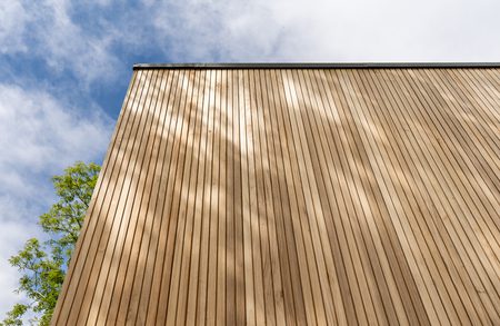 Tall wall of vertical brown wooden slats dominates the frame; a green tree peeks in from the left, with a blue sky and clouds overhead.