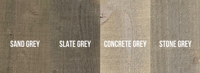 Four vertical wood texture swatches in grey tones labeled Sand Grey, Slate Grey, Concrete Grey, and Stone Grey.