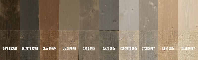 Four vertical wood texture swatches in grey tones labeled Sand Grey, Slate Grey, Concrete Grey, and Stone Grey.