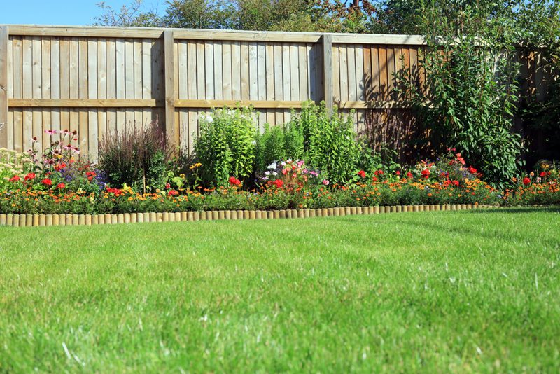 Backyard garden with a wooden fence, a long border of colorful flowers, and a green lawn in the foreground.