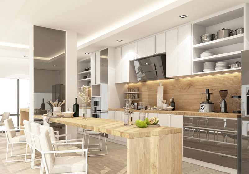 Bright, modern kitchen with white cabinets, a light wood island, open shelves, and stainless appliances. Light seating around the island; pears and bottles on the counter.