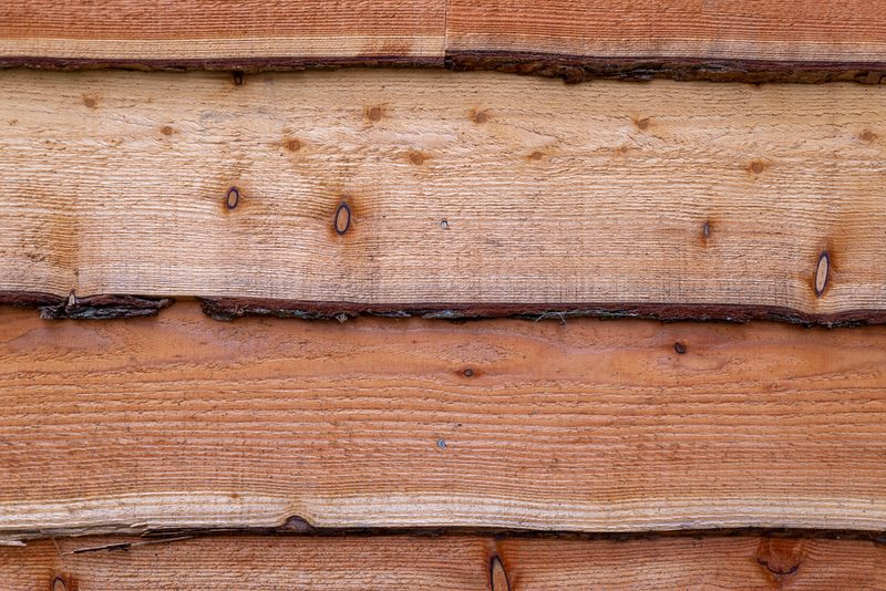 Close-up of horizontal wooden planks with visible grain, knots, and small gaps; weathered brown-orange siding.