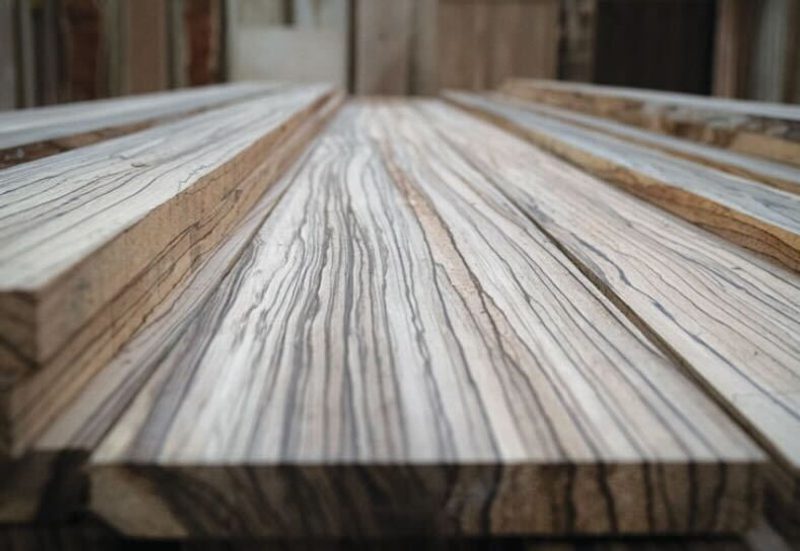 Close-up of stacked wooden planks with striped, wavy grain running along their length, extending toward a blurred construction site.