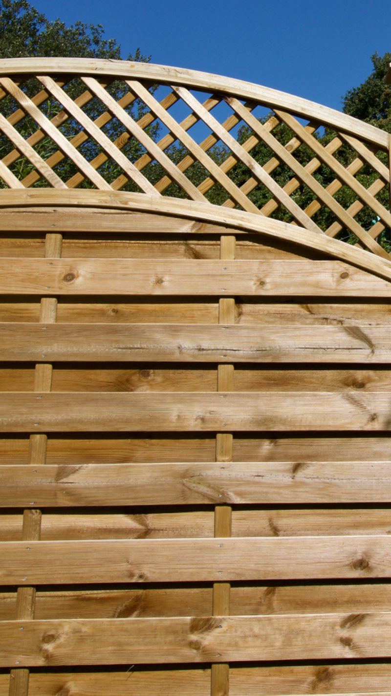 A wooden lattice arch over horizontal fence boards, with a curved top, set against a clear blue sky and trees in the background.