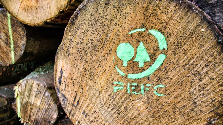 Stack of cut logs with a bright green PEFC logo painted on the end, showing growth rings and wood texture.