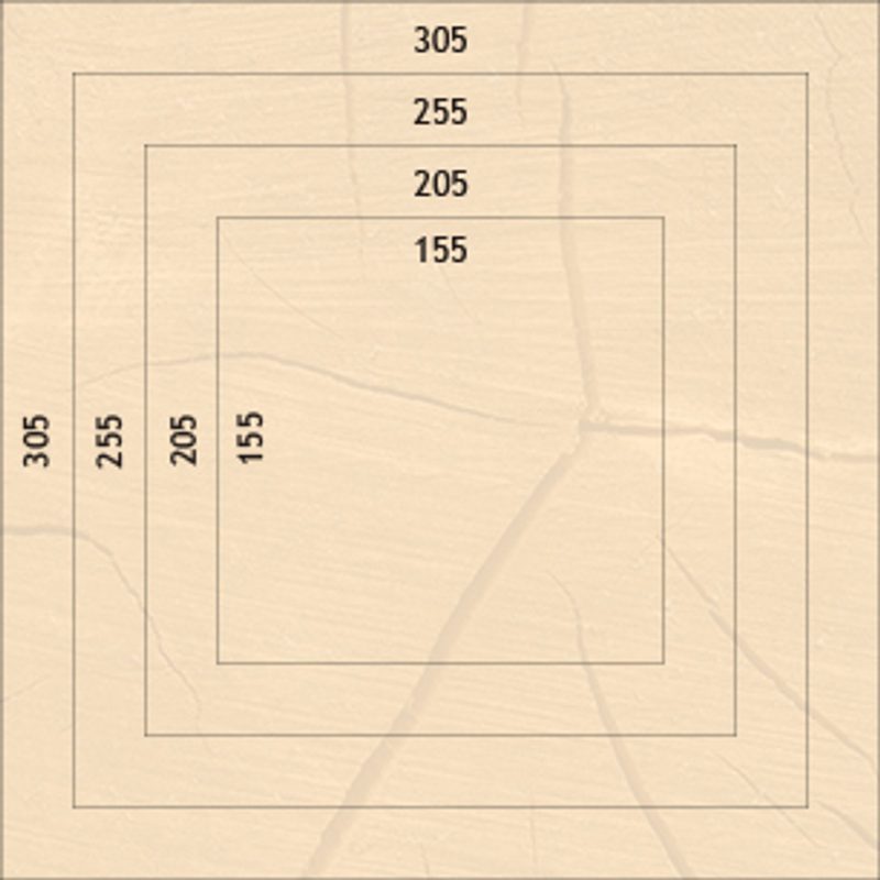 Beige textured background with concentric black squares and labels 305, 255, 205, 155 along top and left; a faint diagonal line crosses center.