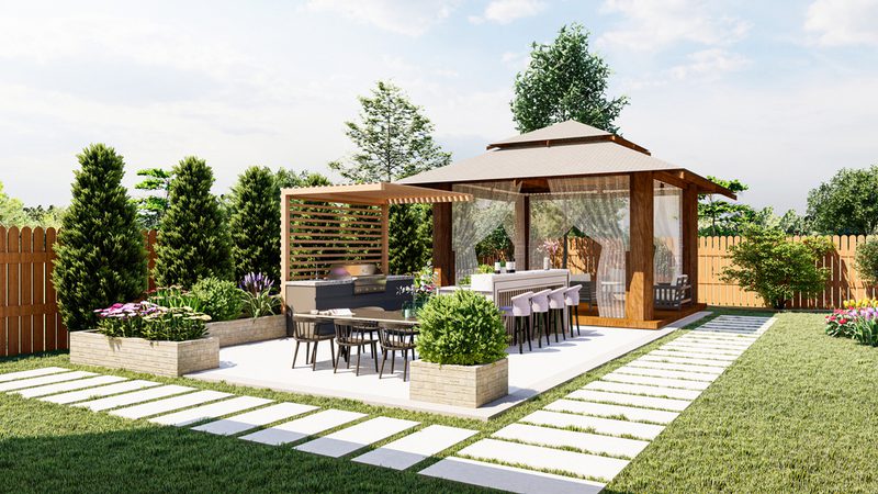 Backyard with a wooden gazebo, sheer-curtains, an outdoor dining table and bar seating, lush plants, and a stone-paved path.