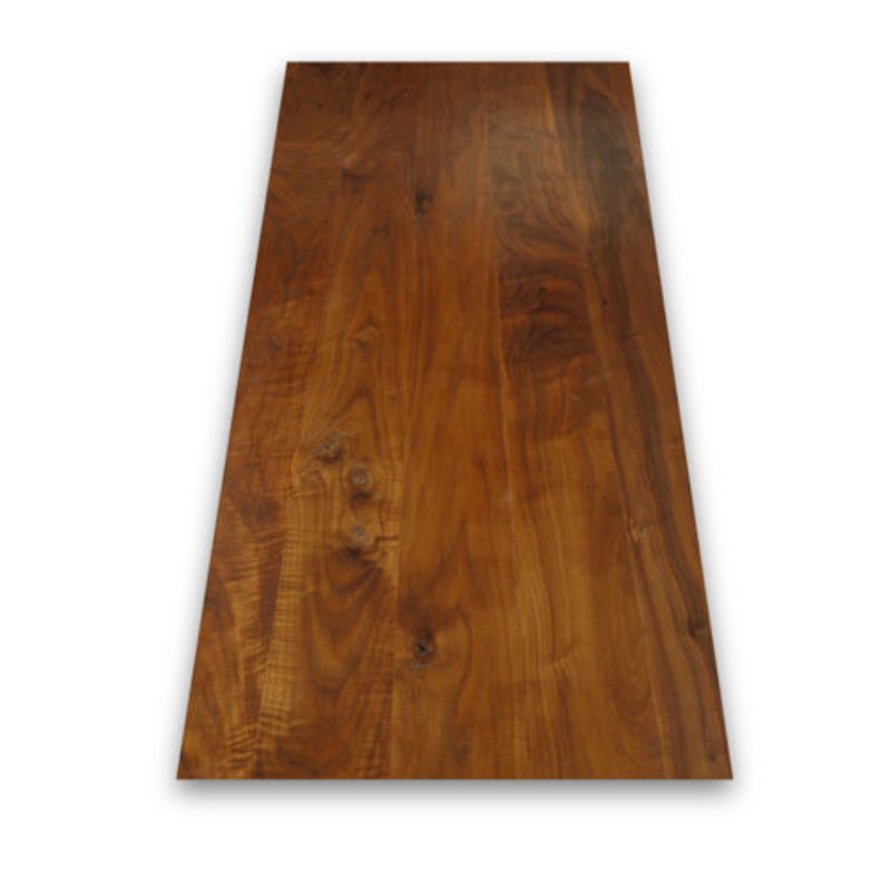 A warm brown wooden plank with visible grain patterns and knots, seen from a slight angle against a white background.