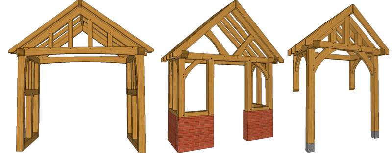 Three wooden structures with gable roofs; left is a simple doorway frame, middle has brick bases and open sides, right features arch-braced posts.