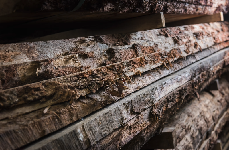 Close-up of stacked, weathered wooden planks with dirt and bark adhered, featuring rough, splintered textures in a diagonal pile.