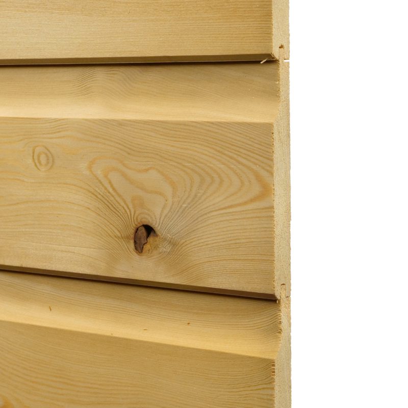 Close-up of light wood siding with visible grain and a knot in a lower board; horizontal planks against a white background.