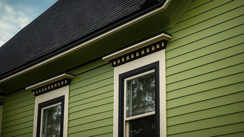 Two white-framed windows with black trim on a green wooden wall, featuring dentil molding under the eaves and a dark shingled roof above.