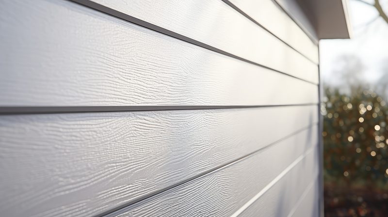 Close-up of pale gray horizontal wooden siding with visible grain; blurred greenery and bokeh lights in the background.