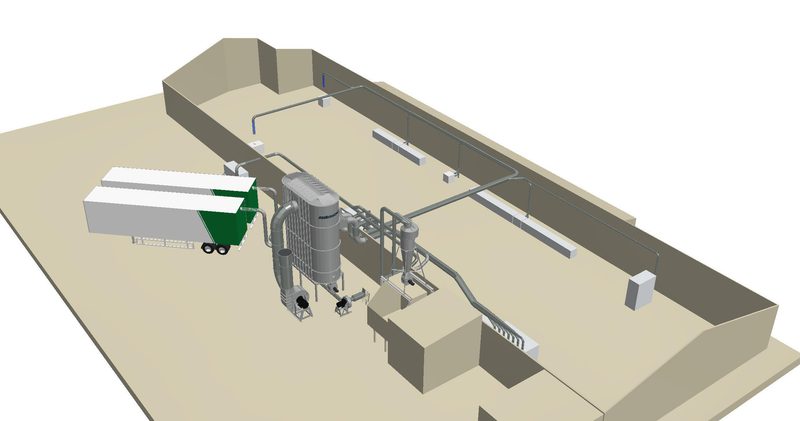 3D rendering of an industrial plant featuring a tall processing vessel, network of pipes and ducts, and a green-and-white mobile unit connected to equipment on a beige floor inside a walled area.